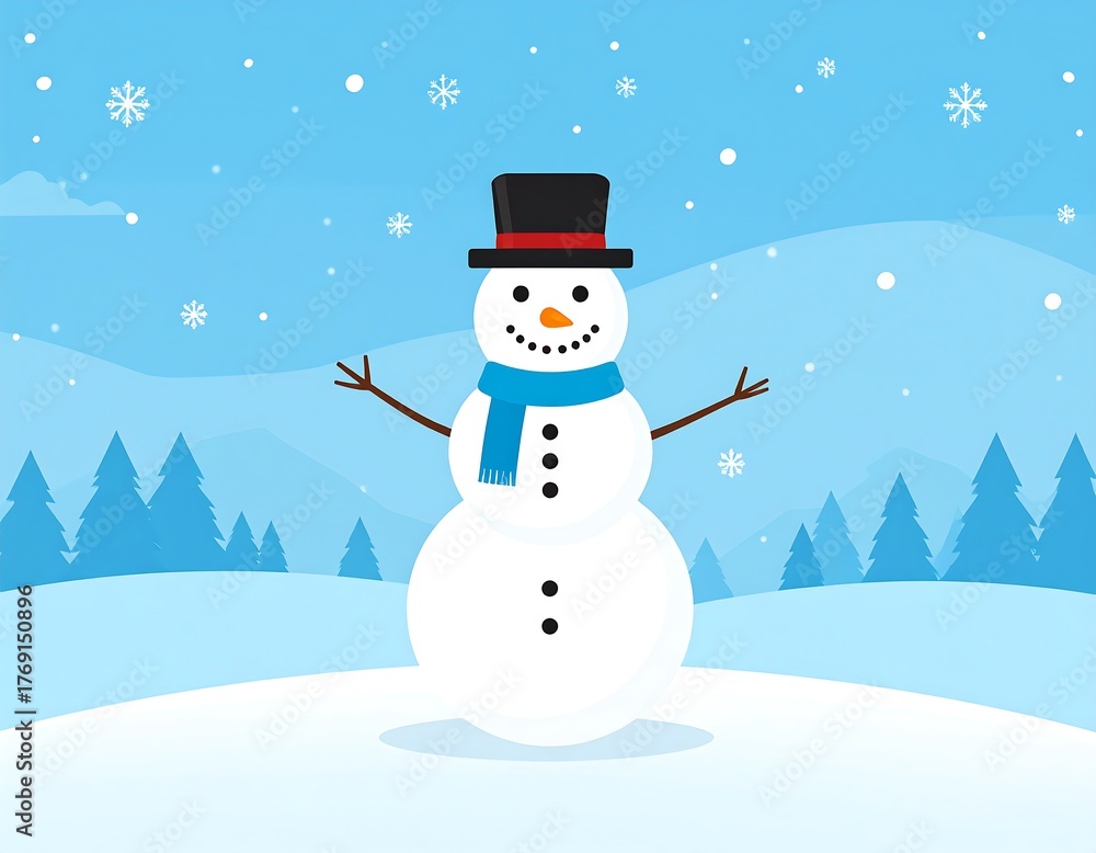 Obraz premium Animated snowman with scarf, hat, and snow on winter landscape