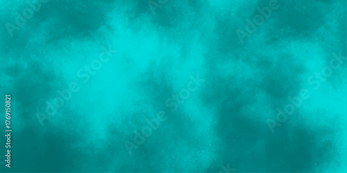 The bright abstract blue and green background with water has a turbulent cloud and smoke texture in the dark sky under a dramatic storm light
