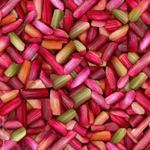 Close-up view of densely packed, sliced rhubarb pieces.  Vibrant pink, red, and orange hues with hints of green.  Repeating pattern.  Appears like a textured background or design