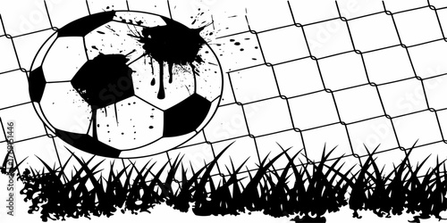 A grunge vector illustration of a soccer ball in the goal net during a world competition sport game