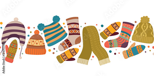 Seamless border with knitwear. Horizontal pattern with bright knitted accessories