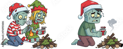 Funny Christmas zombies trying to start campfire in winter forest, holiday survival humor with matches, smoke, logs, and festive outfits
