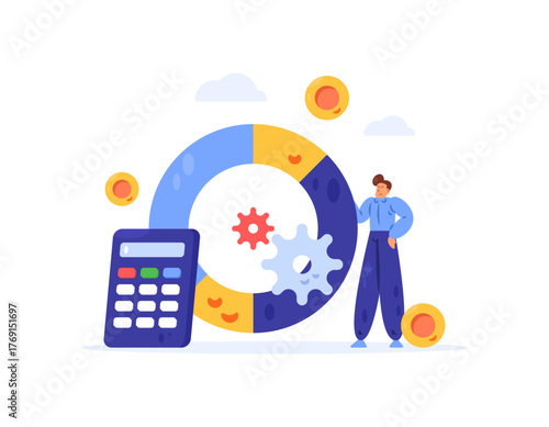 Financial management concept. Calculating and managing a business or company's financial budget. Illustration of an accountant organizing and managing finances. Flat design style. white background.
