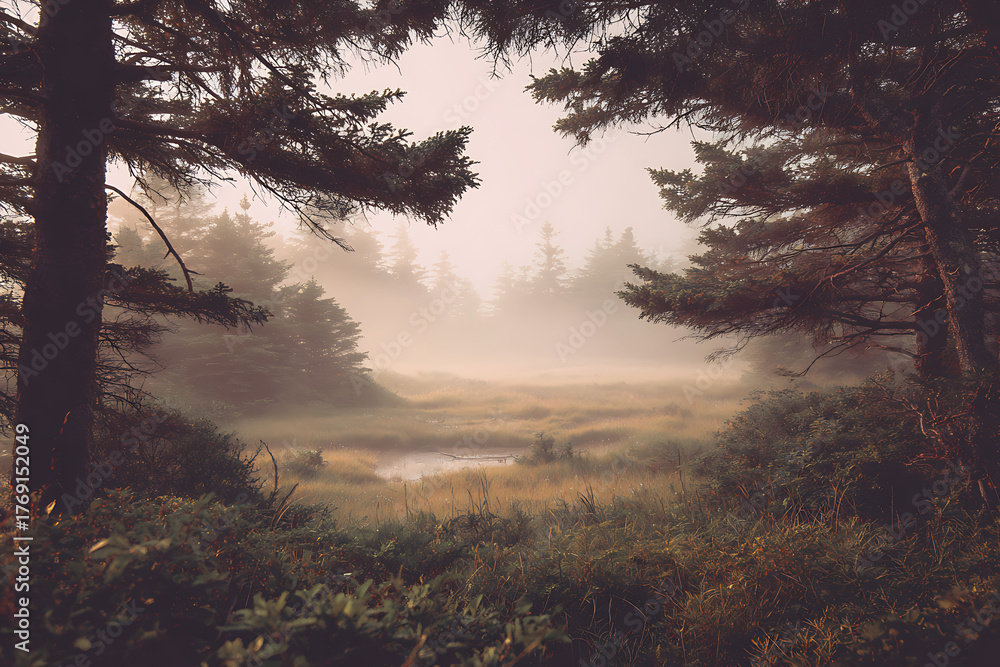 Naklejka premium Enchanting misty morning landscape with serene pond and lush forest, perfect for travel inspiration or showcasing natural beauty and peaceful destinations