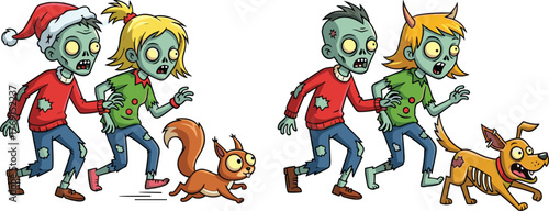 Cartoon zombies in festive Christmas outfits chasing scared squirrel and frightened dog, funny holiday horror illustration with humor and playful theme