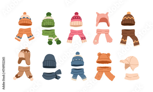 Hat and scarf, winter season knitted wear. Head and neck clothes, warm wool accessories. Beanie caps and scarves. Woolen knitwear for cold. Flat vector illustration isolated on white background