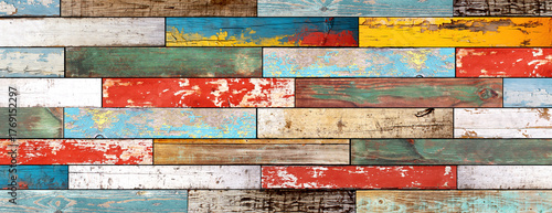 Texture of vintage wood board with cracked paint. Full pattern for banner or skinali with wood texture. Horizontal or vertical retro background with wooden plank with old paint of different color