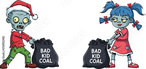 Cartoon zombie kids holding coal sacks Christmas illustration, funny undead children holiday vector art, creepy festive characters with humor