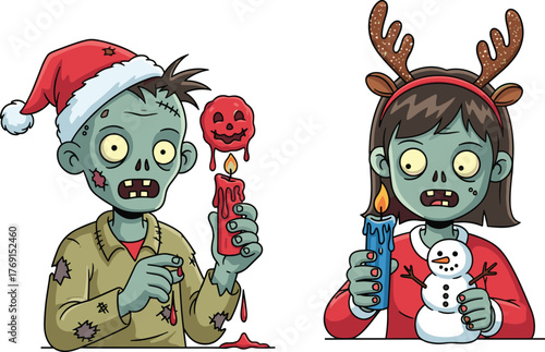 Cartoon zombie couple in festive Christmas costumes with candles, Santa hat, reindeer antlers, snowman, holiday humor, creepy funny celebration illustration