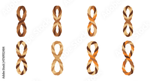 Eight braided pretzel shapes arranged in a grid pattern illustration