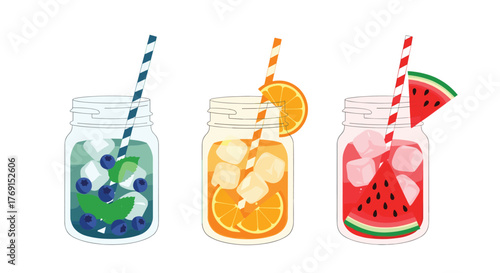 Bright, refreshing summer fruit drinks illustration, featuring blueberry, orange, and watermelon beverages in mason jars with ice and straws.