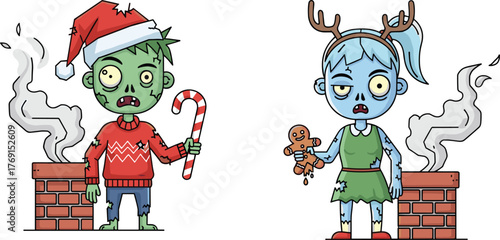Cartoon zombie Christmas characters with candy cane and gingerbread, funny festive undead holiday illustration combining horror humor and winter celebration