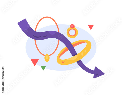 The concept of gold depreciation. The price of gold jewelry continues to decline. Illustration of a gold ring, necklace, and bracelet with a downward arrow. Flat design style. White background.