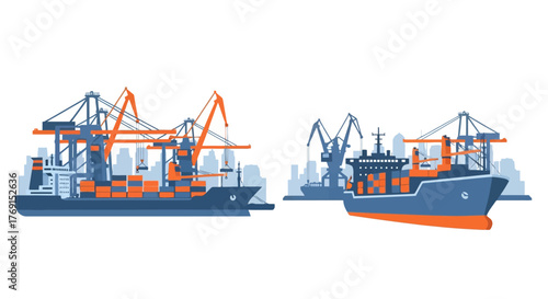 Cargo ships and port cranes illustrate global trade and logistics operations