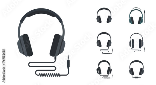 Various styles of headphones shown in a minimalist black and white design