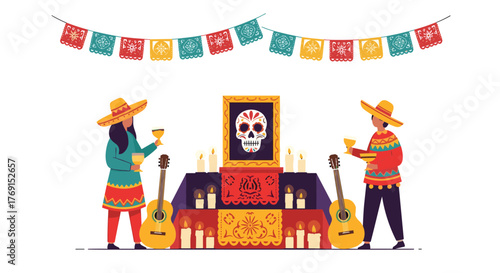 Two people in traditional Mexican clothing observing Day of the Dead with an altar, sugar skull, and candles.