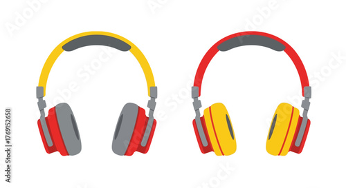 Colorful headphones in yellow and red flat vector illustration style