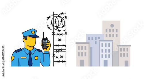 Security guard with radio near barbed wire and a building