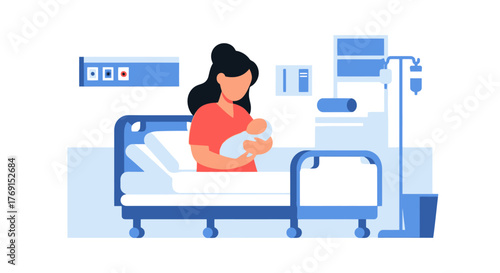 New mother holding her baby in a hospital room setting