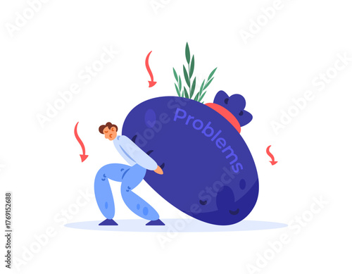 Problem concept. Heavy life, financial, and work problems. Life's burden. Illustration of a man carrying a sack of problems. Flat design style. White background.