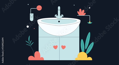 Stylish illustration of a bathroom washbasin with faucet, cabinet, and playful hearts amidst decorative elements.