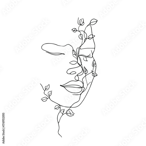 Elegant continuous line art face and flowing vines illustration