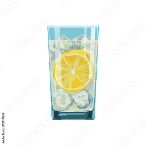 flat 2D icon vector illustrator of lemonade glass with lemon slice and ice cubes