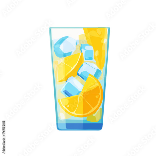 flat 2D icon vector illustrator of lemonade glass with lemon slice and ice cubes