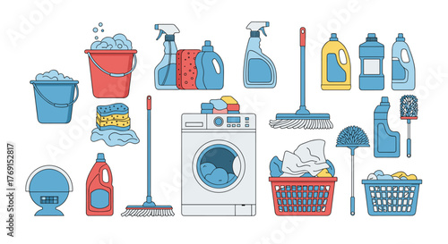A comprehensive collection of household cleaning and laundry supplies, including detergents, tools, and appliances, for various domestic tasks.