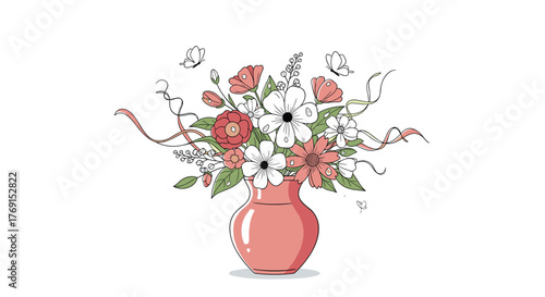 A delightful hand-drawn spring bouquet with white, red, and peach flowers, green foliage, ribbons, and butterflies, arranged in a charming pink vase.