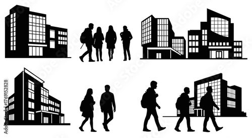 Silhouettes of people walking near modern city buildings black and white