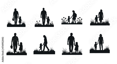 Family silhouettes walking through grassy fields depicting various parent child bonds