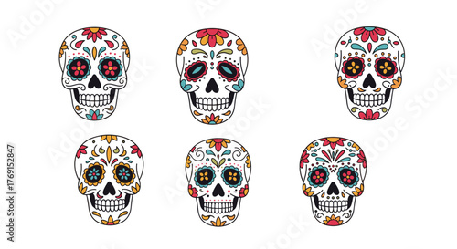 A vibrant set of six decorative sugar skull illustrations, intricately adorned with flowers and swirls, representing the cultural celebration of Dia de los Muertos.
