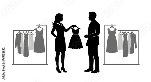 A silhouette of a woman showing a dress to a man in a boutique