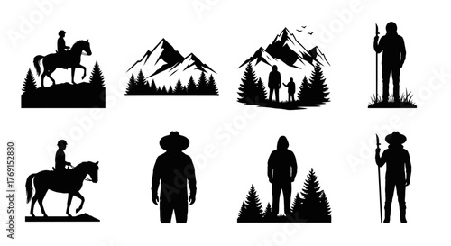 Silhouettes of western explorers riders and mountainous landscapes in black