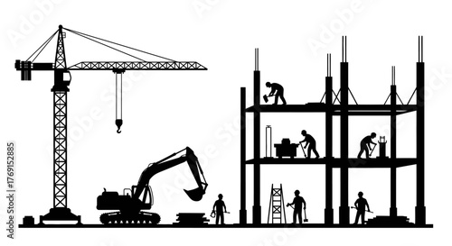 Construction site silhouette showing workers cranes and building framework