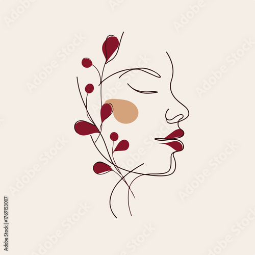 Elegant continuous line art portrait with vines