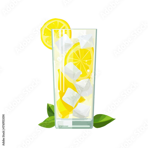 flat 2D icon vector illustrator of lemonade glass with lemon slice and ice cubes