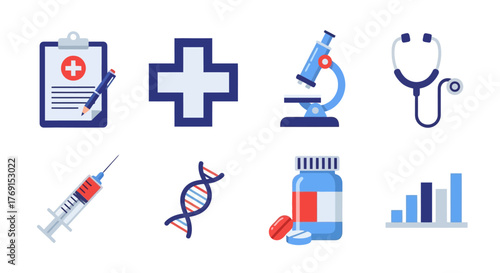 Medical icons depicting healthcare research and pharmaceutical elements in flat design