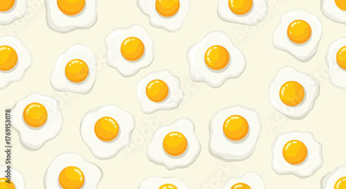 A bright and cheerful seamless pattern of sunny-side-up fried eggs scattered randomly on a light beige background, perfect for food themes and breakfast designs.
