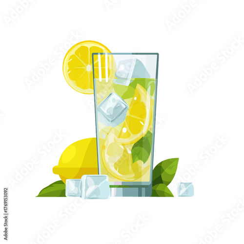 flat 2D icon vector illustrator of lemonade glass with lemon slice and ice cubes