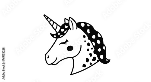 A cute and whimsical line art illustration of a unicorn head with a polka-dotted mane and horn, featuring a gentle expression.