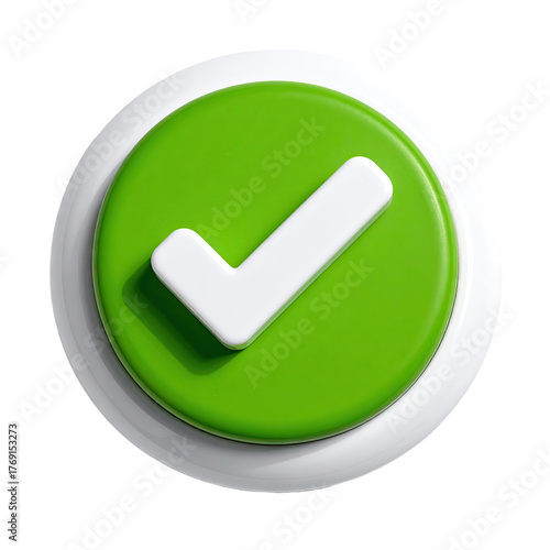Green tick mark on white round button, overhead glossy view