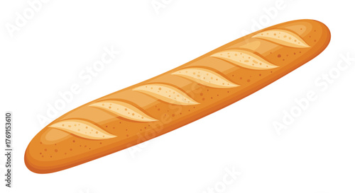 An inviting illustration of a golden-brown French baguette, a staple long loaf of bread with characteristic slashes, isolated on a white background.
