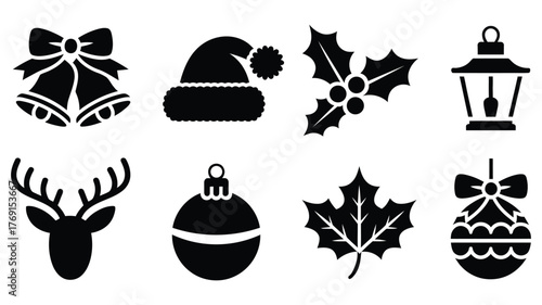 winter and christmas silhouette icon set featuring jingle bells, holly, reindeer head, ornaments, lantern, maple leaf and winter hat