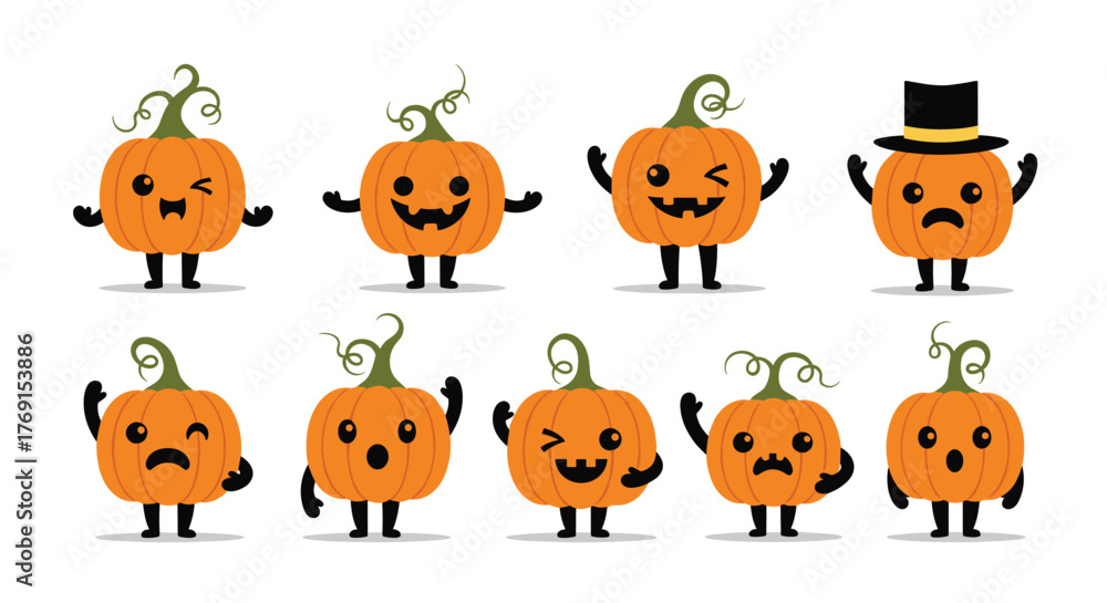 Naklejka premium Fun set of eight expressive cartoon pumpkin characters, each with unique Halloween faces and body language, isolated on white.