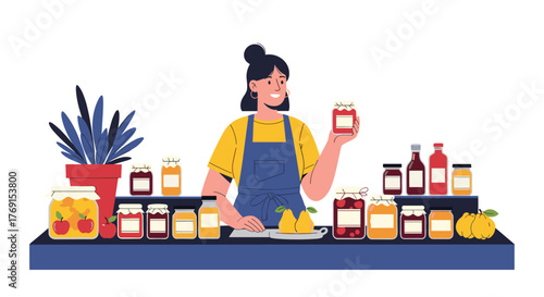 A happy woman in an apron proudly displays her homemade jam and preserves, surrounded by an assortment of jars, fresh fruit, and a decorative plant.