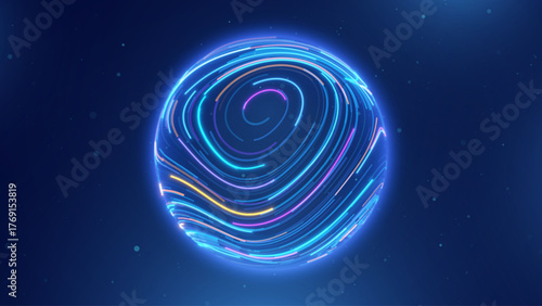 Tech Neon Lines Energy Orb. 3D Sphere Science Globe With Abstract Glowing Lines Representing Microbiology, Cell Research, or Nanotechnology On Dark Blue Background. Vector Illustration.