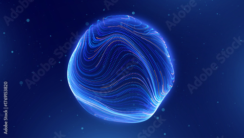 Tech Neon Lines Energy Orb. 3D Sphere Science Globe With Abstract Glowing Lines Representing Microbiology, Cell Research, or Nanotechnology On Dark Blue Background. Vector Illustration.