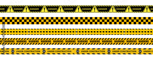 yellow caution tapes, Yellow and black danger tape set with skull symbols for safety hazard zones roads and construction. Includes caution ribbons warning lines for police accidents and construction. 